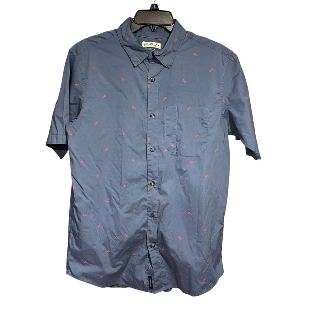 Magellan Outdoors S Lobster Print Shirt Blue Short Sleeve Casual Coastal Shirt